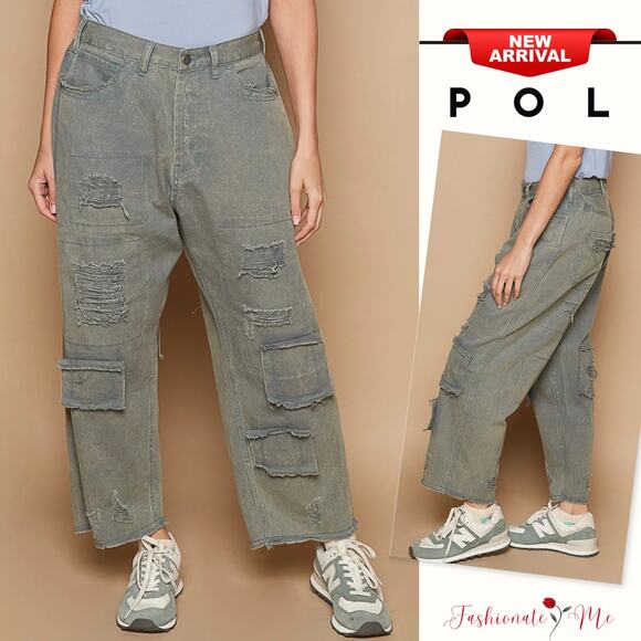POL High Rise Distressed Patchwork Details Raw Hem Wide Leg JeansFrench Blue